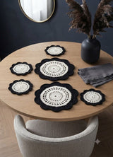 6-Piece White & Black Handmade Crochet Table Mat Set