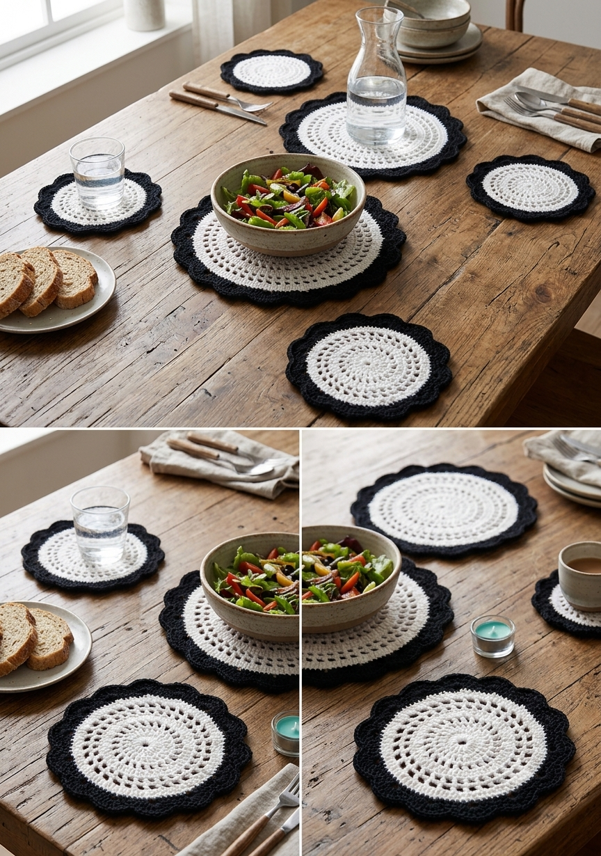 6-Piece White & Black Handmade Crochet Table Mat Set