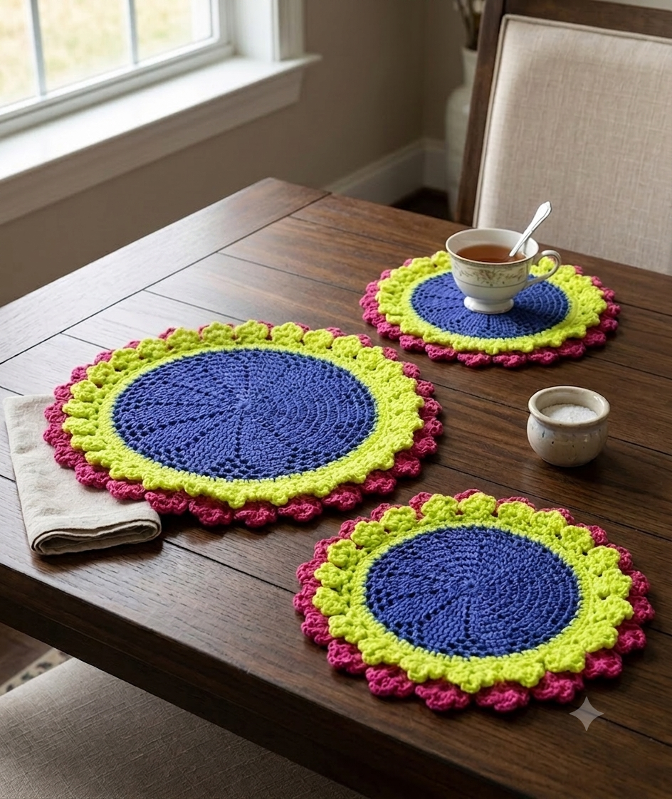3-Piece Pink & Yellow Handmade Crochet Table Mat Set
