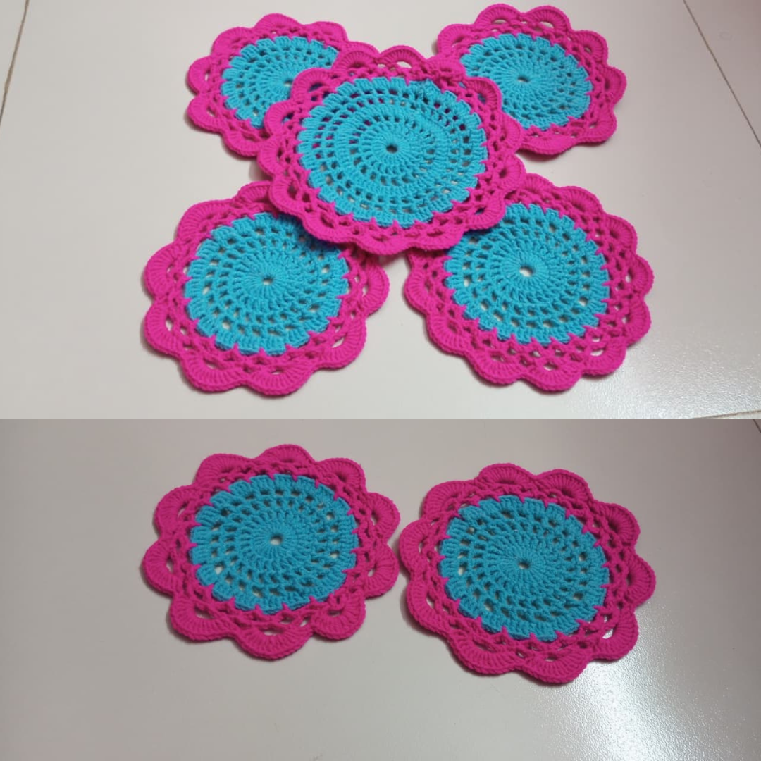 6-Piece Pink & Turquoise Handmade Crochet Table Mat Set